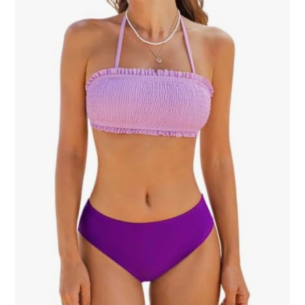 NEW Cupshe Womens Lavender Smocked Bandeau‎ Halter Bikini Set Purple Size XS